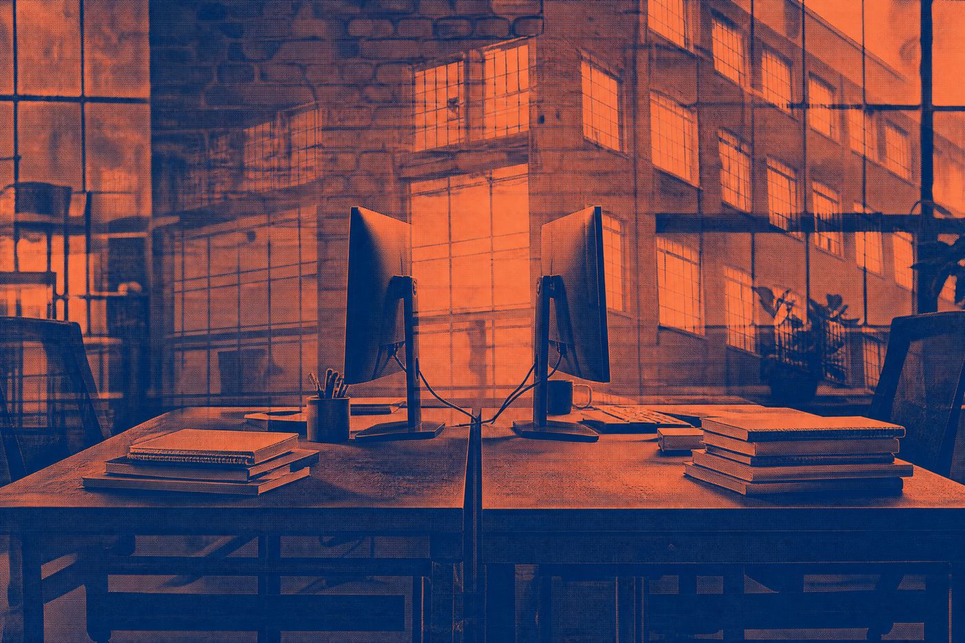 Two chairs and two notebooks at a shared desk after a session