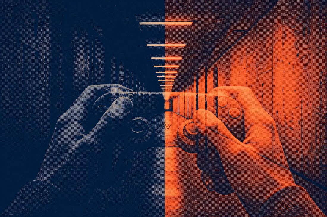 Corridor lit by two harsh light sources, first-person perspective