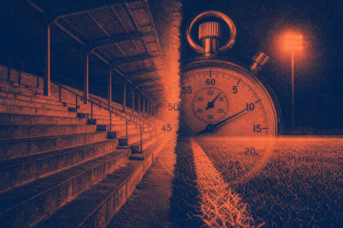 Stylised pitch markings beside a stopwatch